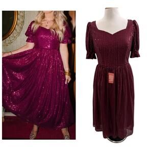 Ivy City Co Clara Dress Plum Sequins Fit Flare Puff Sleeve Holiday Small NEW